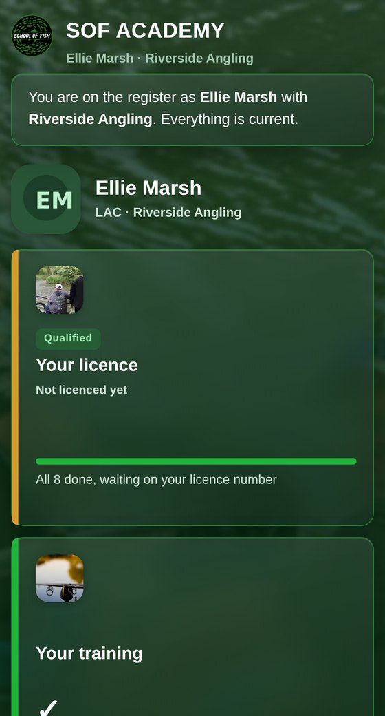 A coach dashboard showing a qualified coach, their licence and their training