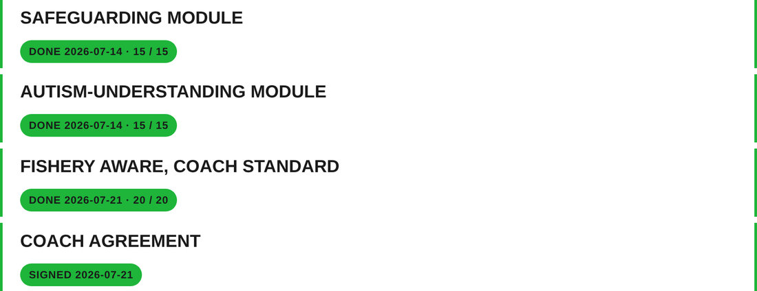 The four check titles with every chip green: three tests done with dates and scores, and the agreement signed