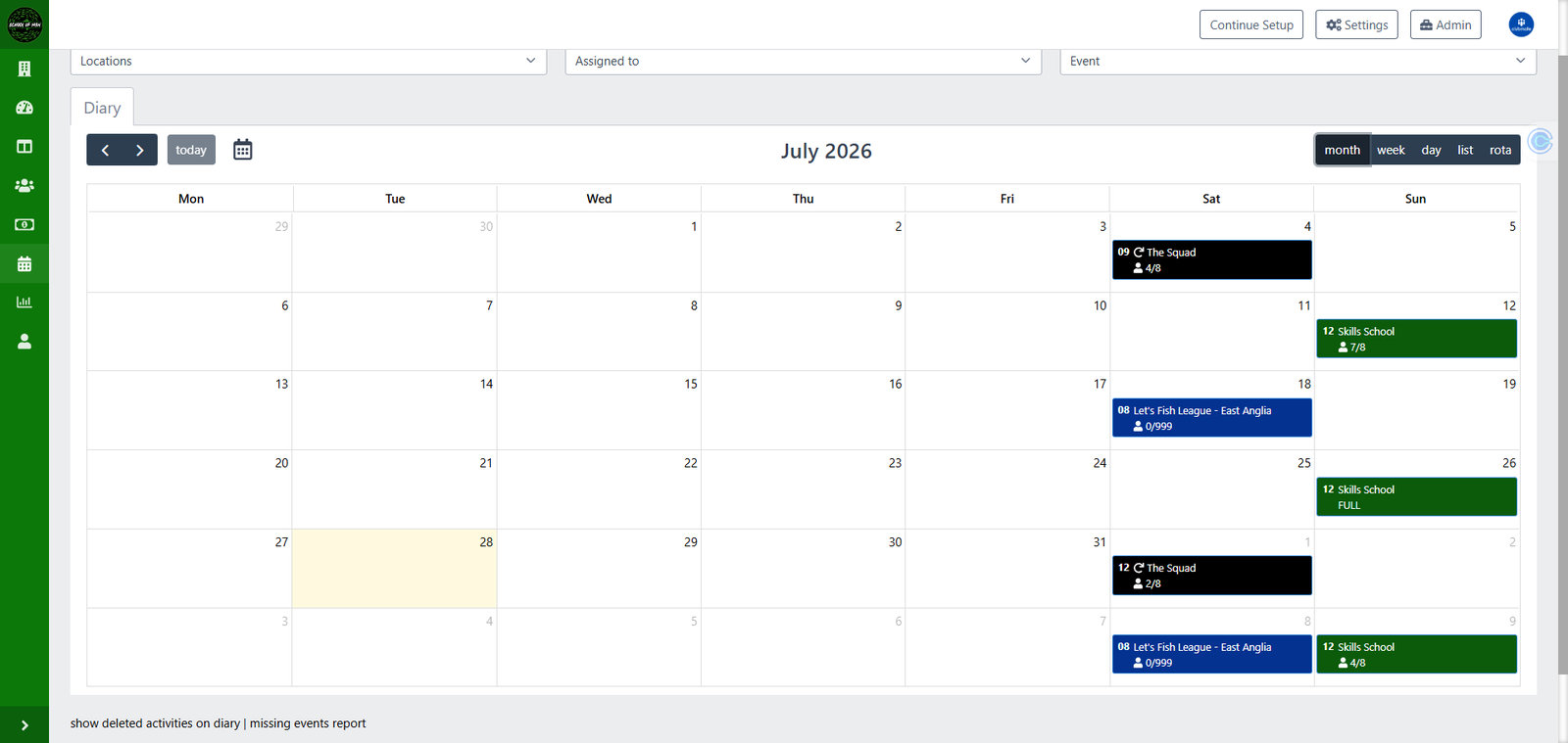 The Clubmate diary in month view showing Squad, Skills School and league sessions with booking numbers