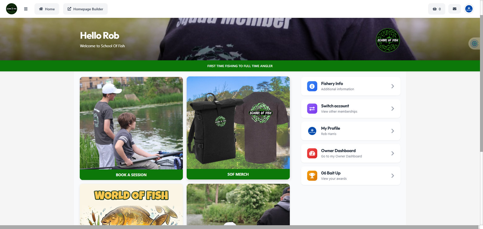 The Clubmate member home screen a learner sees after signing in, with Book a Session and their awards