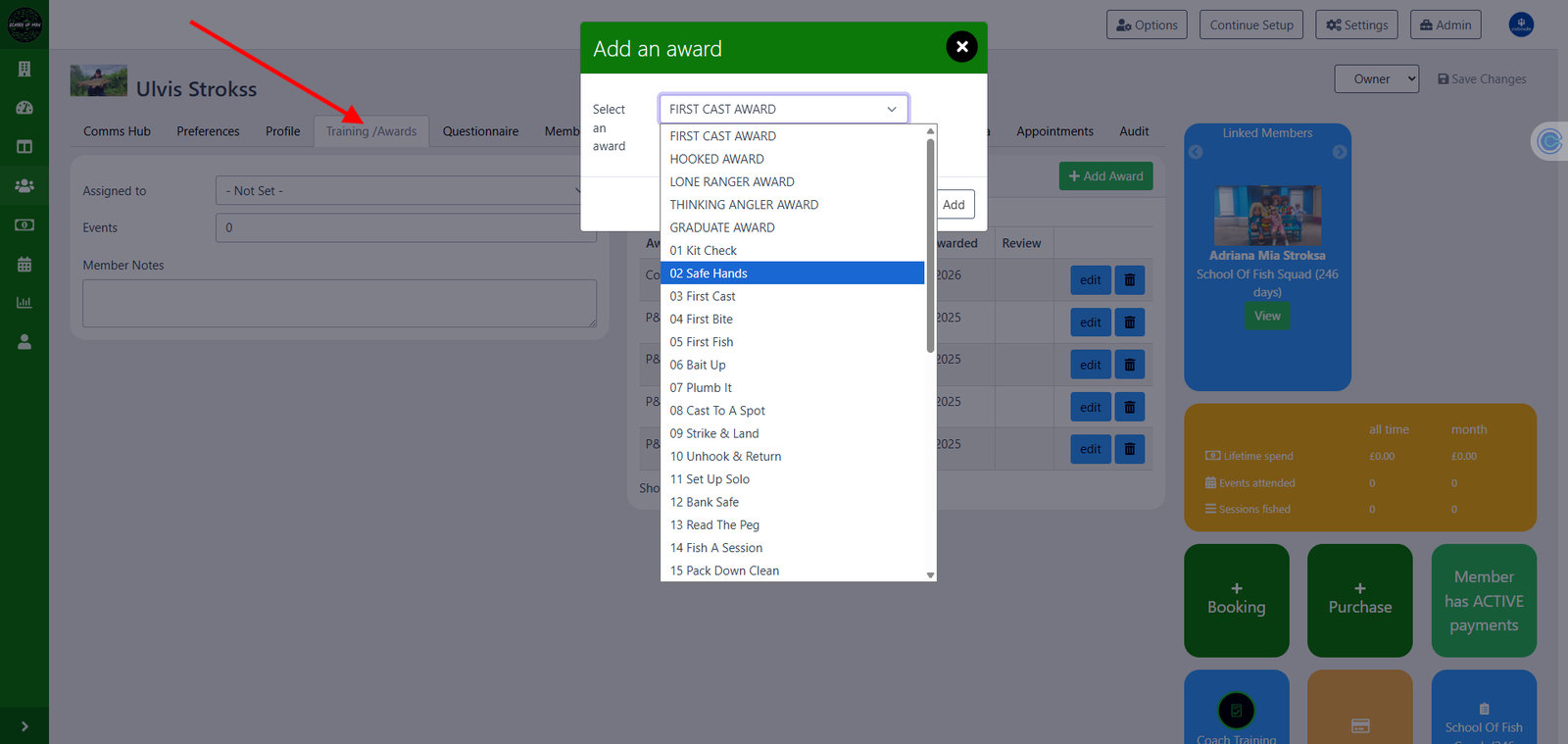 A learner's record in Clubmate with the Training and Awards tab open and the Add an award list showing the Diploma badges