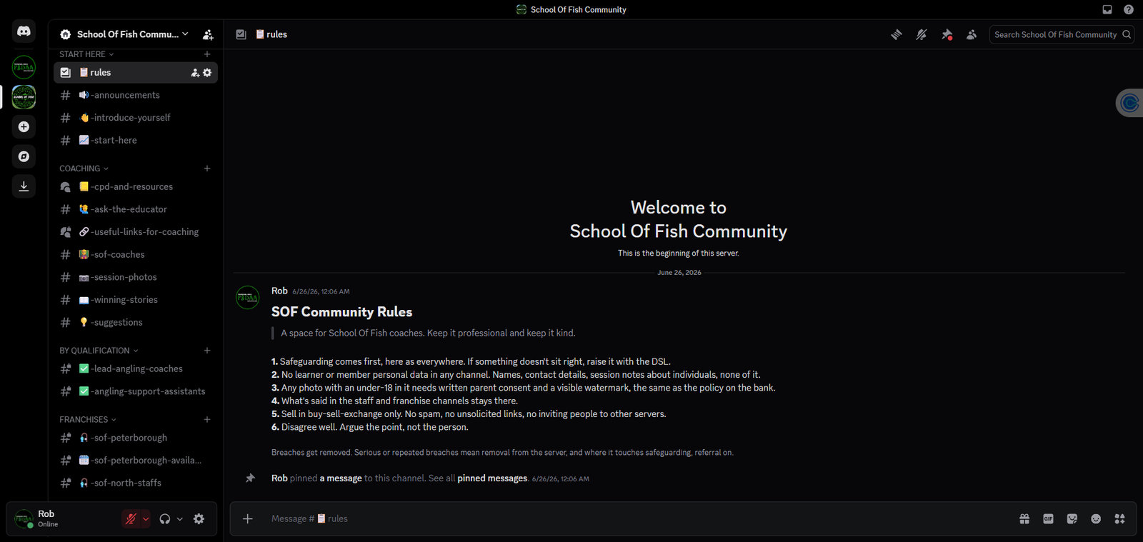 The School Of Fish Community Discord server showing the channel list and the community rules