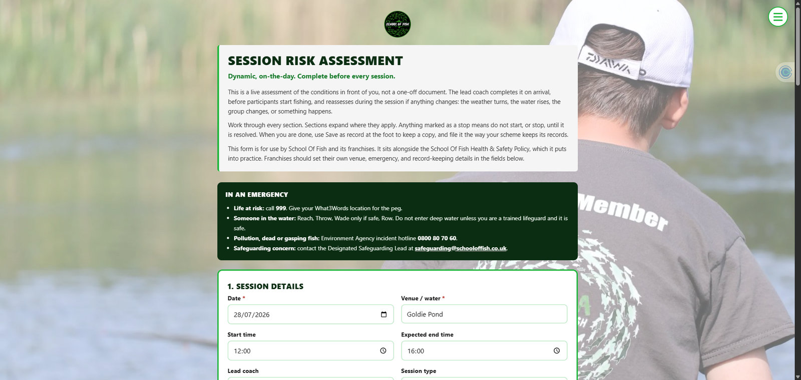 The top of the session risk assessment: the emergency panel and the session details fields