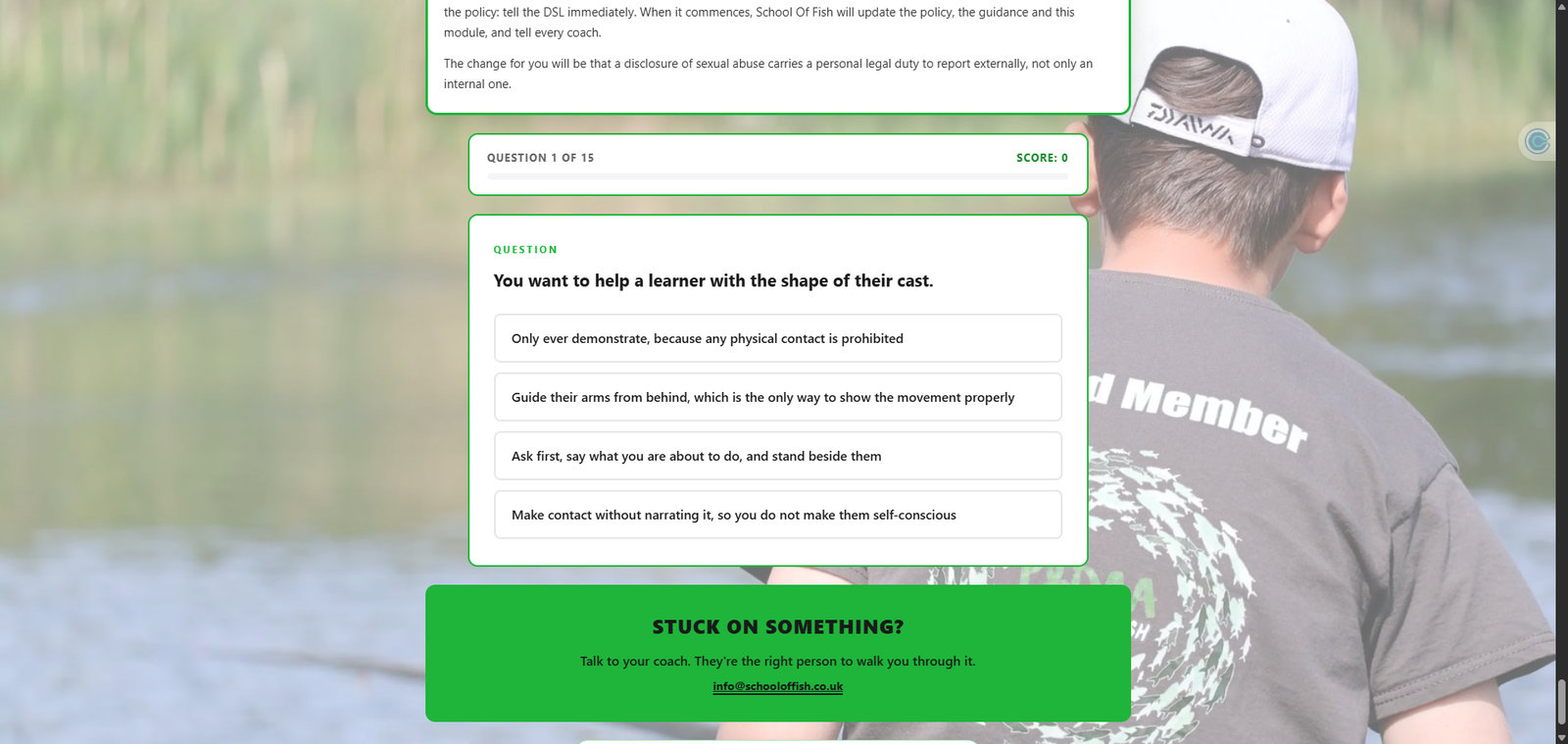 A safeguarding module question with four answer options and the score bar above it