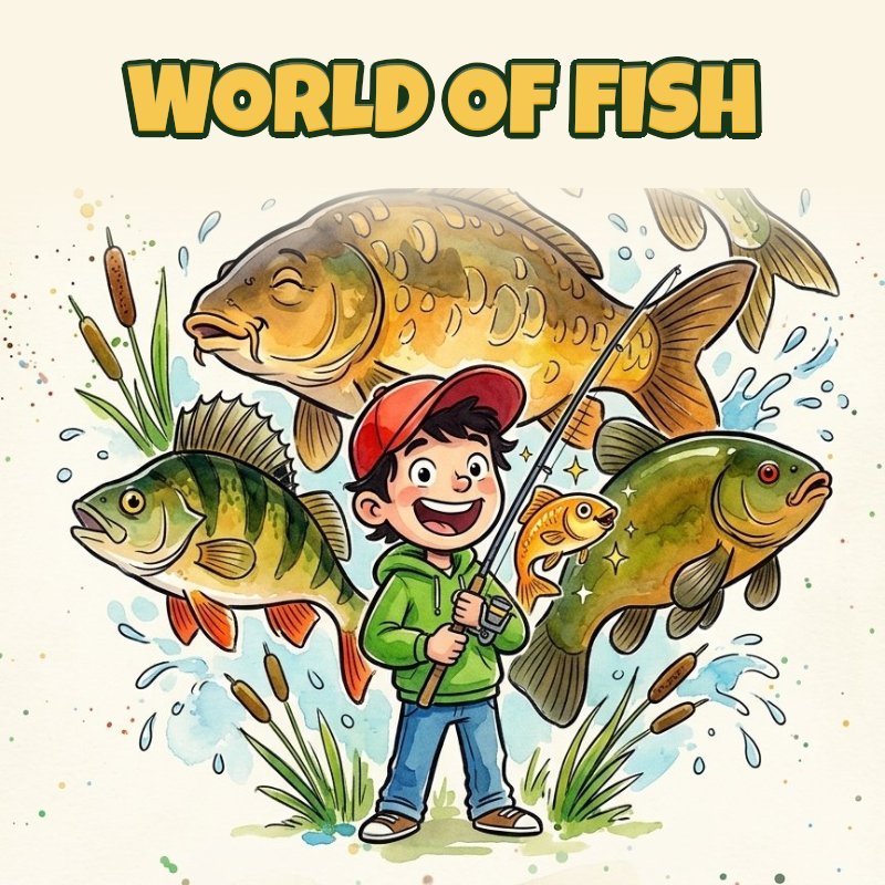 World of Fish artwork: a young angler with a rod surrounded by pike, carp, perch, tench and roach