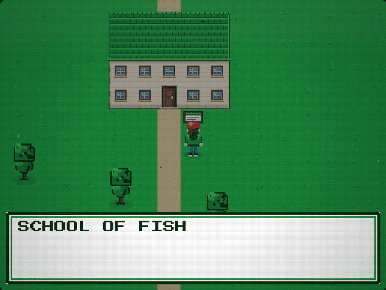 World of Fish gameplay: the overworld path up to the School of Fish building, with a sign to read