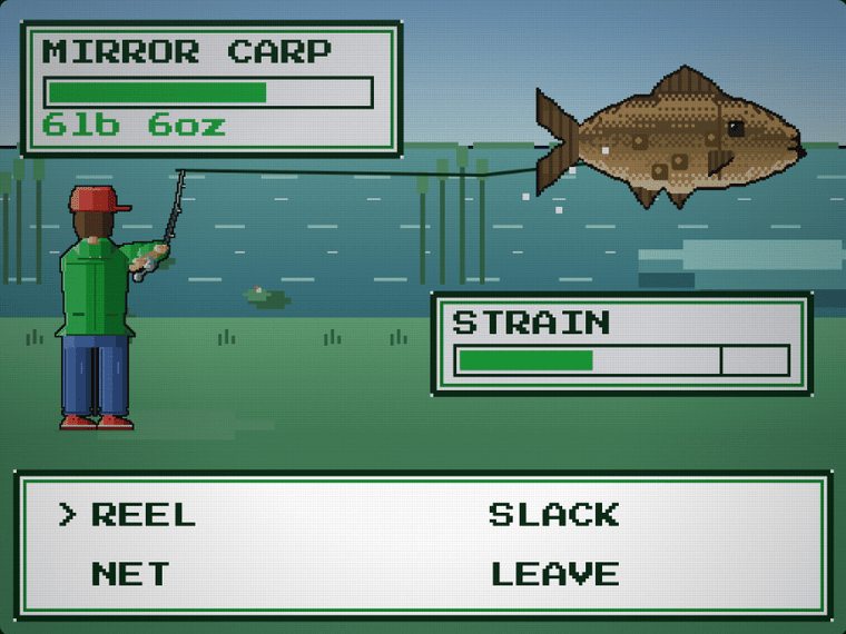 World of Fish: playing a carp, choosing whether to reel, give slack or net it as the line strains