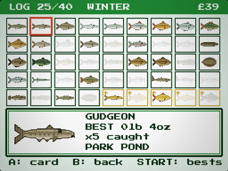 World of Fish: the catch log, showing the fish species collected so far out of forty